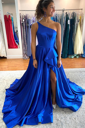 Royal Blue One Shoulder Prom Dress With Slit