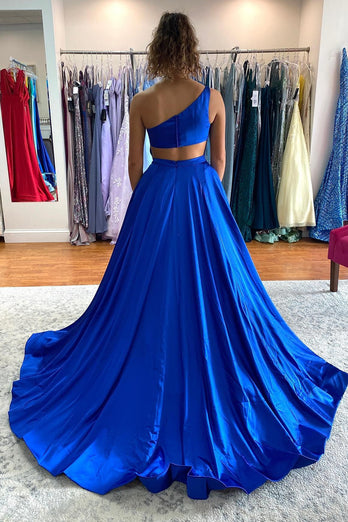 Royal Blue One Shoulder Prom Dress With Slit