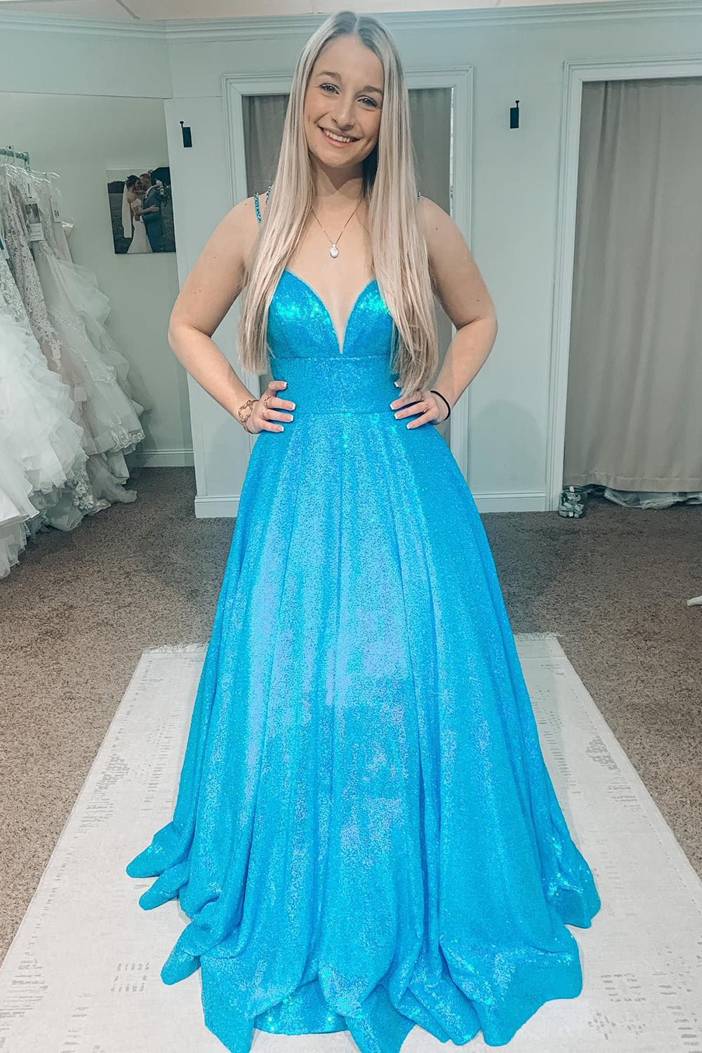 A Line Light Blue Sparkly Prom Dress with Hollow Out Back