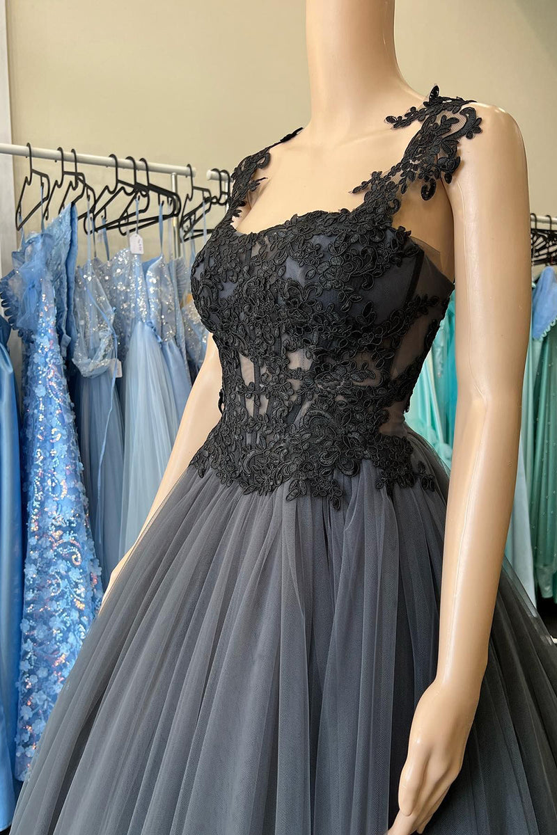 Load image into Gallery viewer, A Line Grey Tulle Corset Prom Dress with Lace