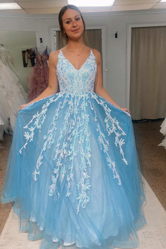 A Line Light Blue Princess Glitter Prom Dress with Appliques