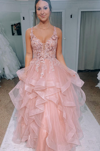 Blush Layered A line Princess Prom Drsss with Lace-up Back