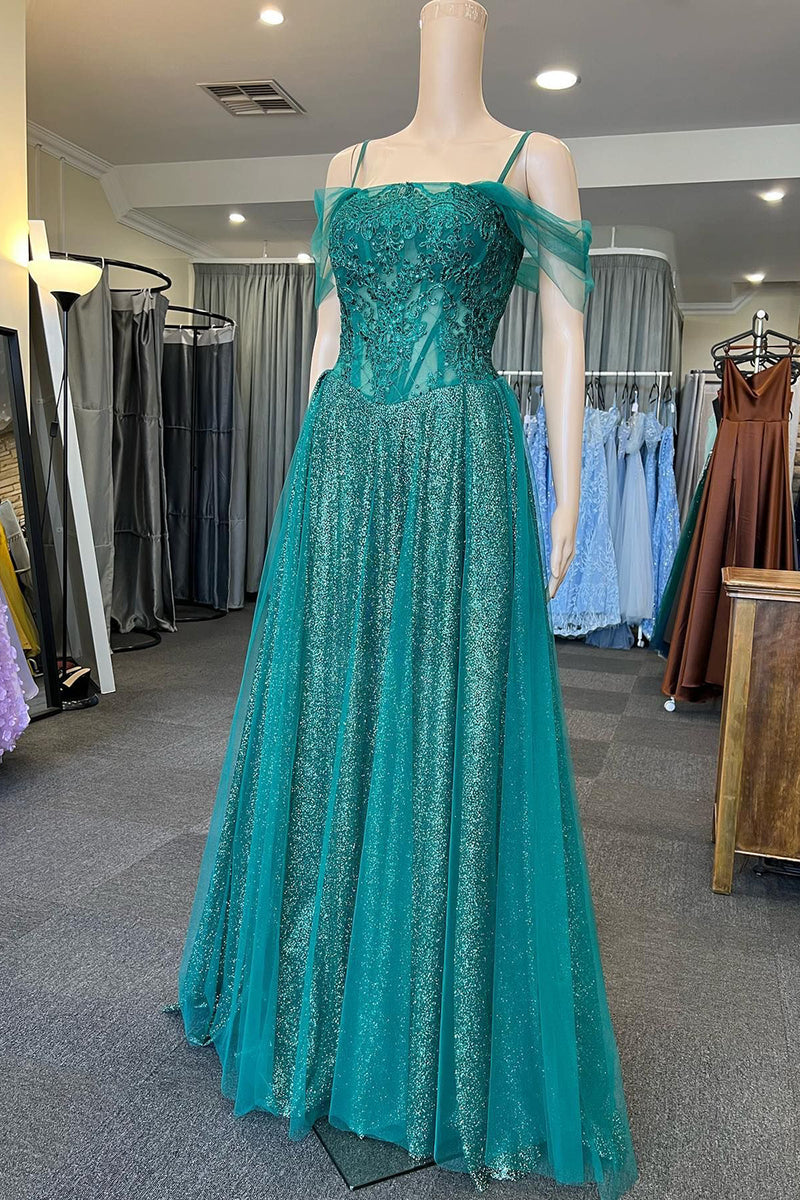 Load image into Gallery viewer, Off the Shoulder Green Sparkly Prom Dress with Beading