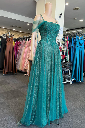 Off the Shoulder Green Sparkly Prom Dress with Beading