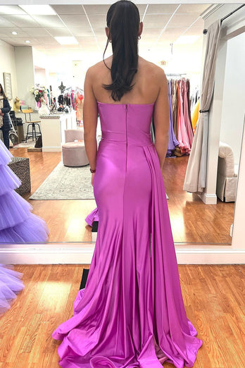 Hot Pink Satin Mermaid Prom Dress with Ruffles