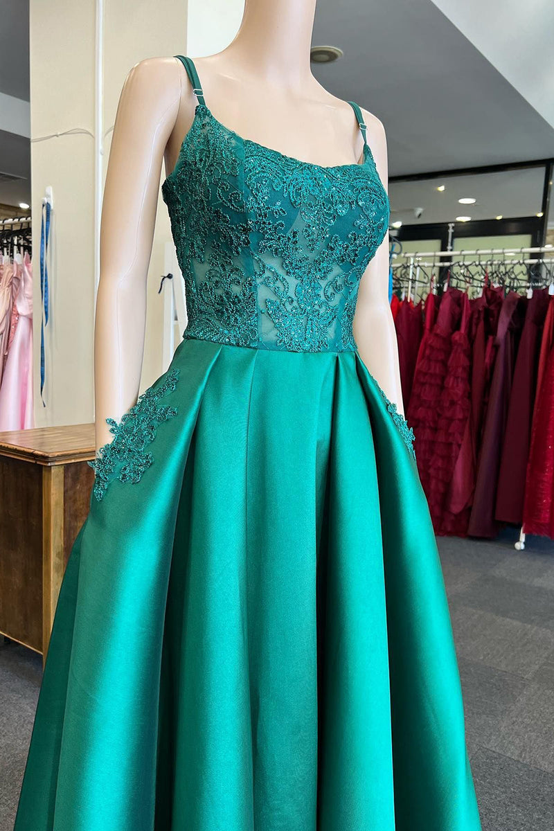 Load image into Gallery viewer, Green Satin Beaded Prom Dress with Pockets