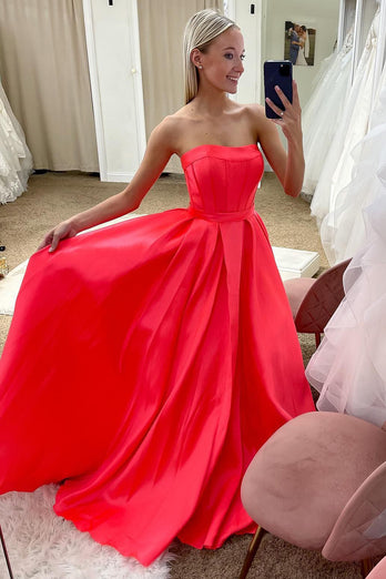 Strapless Red Satin Corset Princess Prom Dress