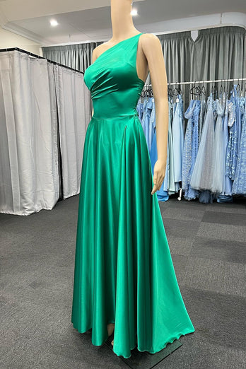 One Shoulder Green Satin Prom Dress with Pockets