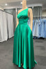 Load image into Gallery viewer, One Shoulder Green Satin Prom Dress with Pockets