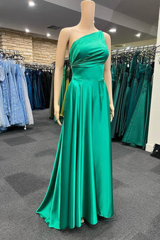 One Shoulder Green Satin Prom Dress with Pockets