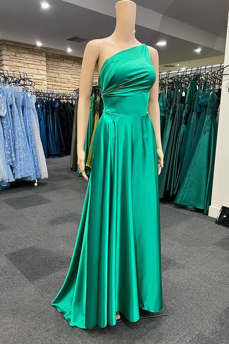 Load image into Gallery viewer, One Shoulder Green Satin Prom Dress with Pockets