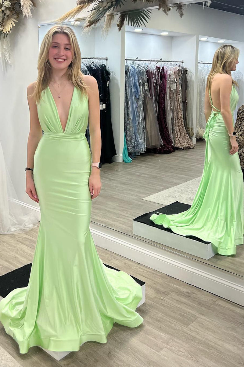 Load image into Gallery viewer, Light Green Mermaid V-Neck Satin Simple Prom Dress