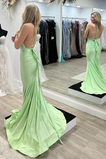 Light Green Mermaid V-Neck Satin Simple Prom Dress