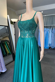 Green Satin Spaghetti Straps Corset Prom Dress