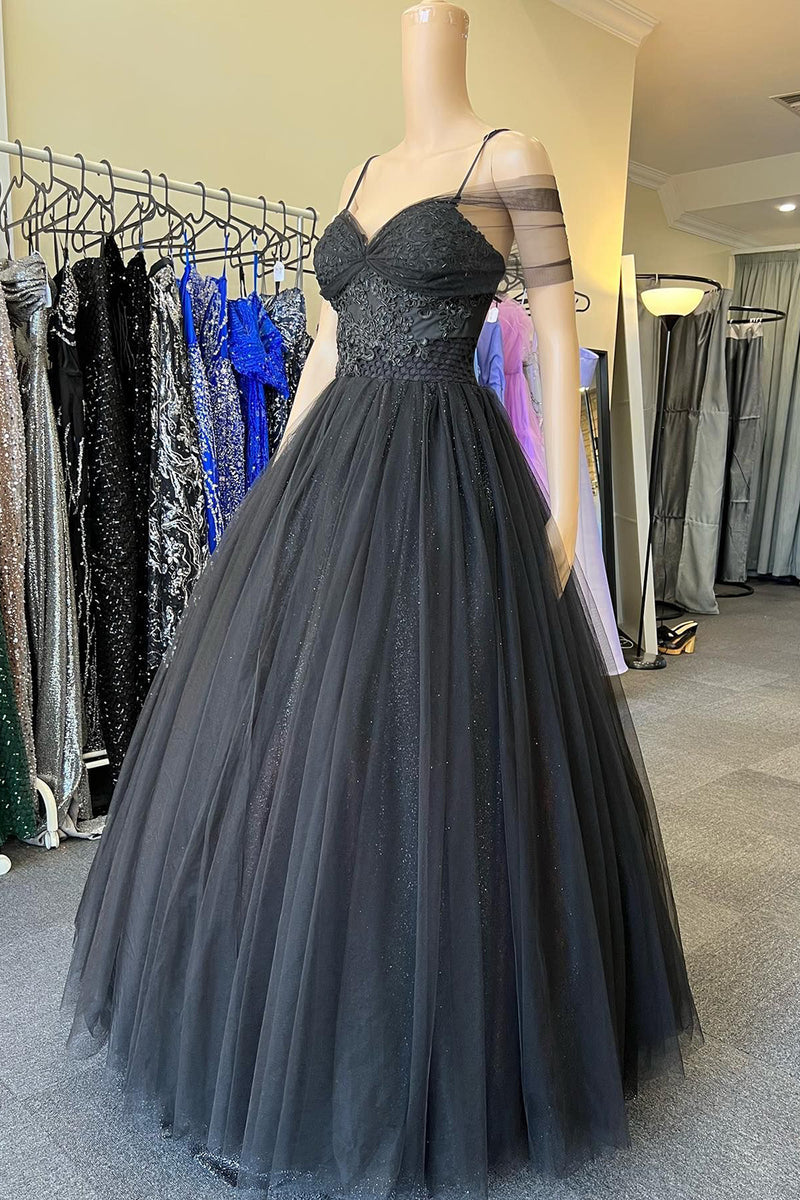 Load image into Gallery viewer, Off the Shoulder Glitter Black A Line Prom Dress