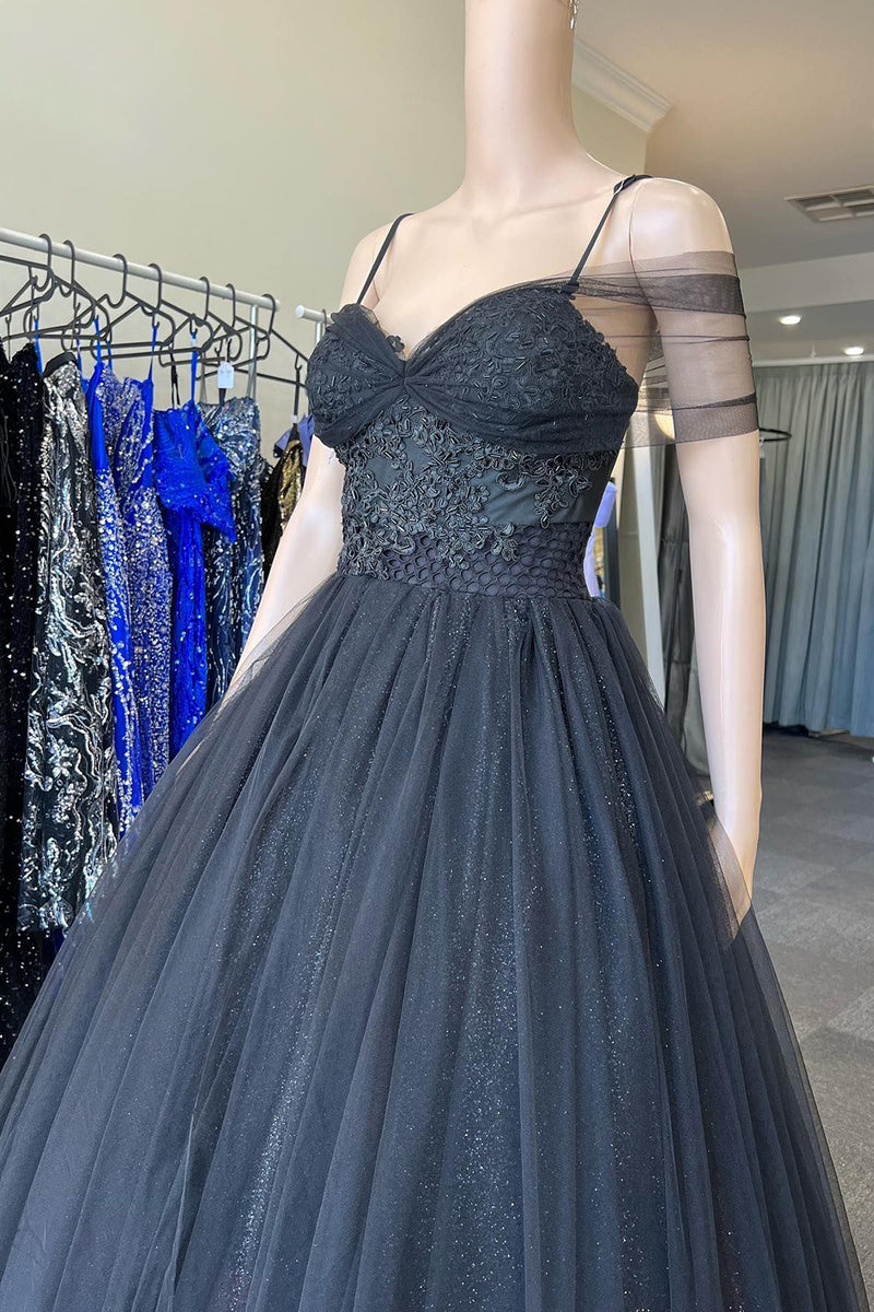 Load image into Gallery viewer, Off the Shoulder Glitter Black A Line Prom Dress