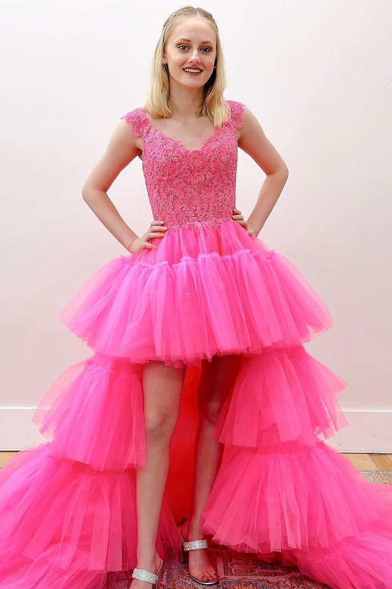 Load image into Gallery viewer, High-Low Pink Beading Princess Prom Dress