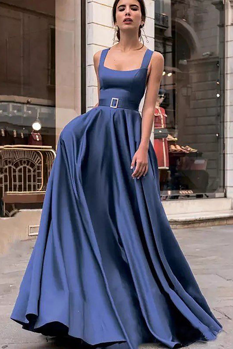 Load image into Gallery viewer, Navy Satin Simple Prom Dress with Pockets