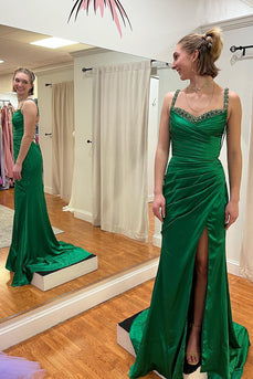 Beading Ruffles Green Mermaid Prom Dress with Slit