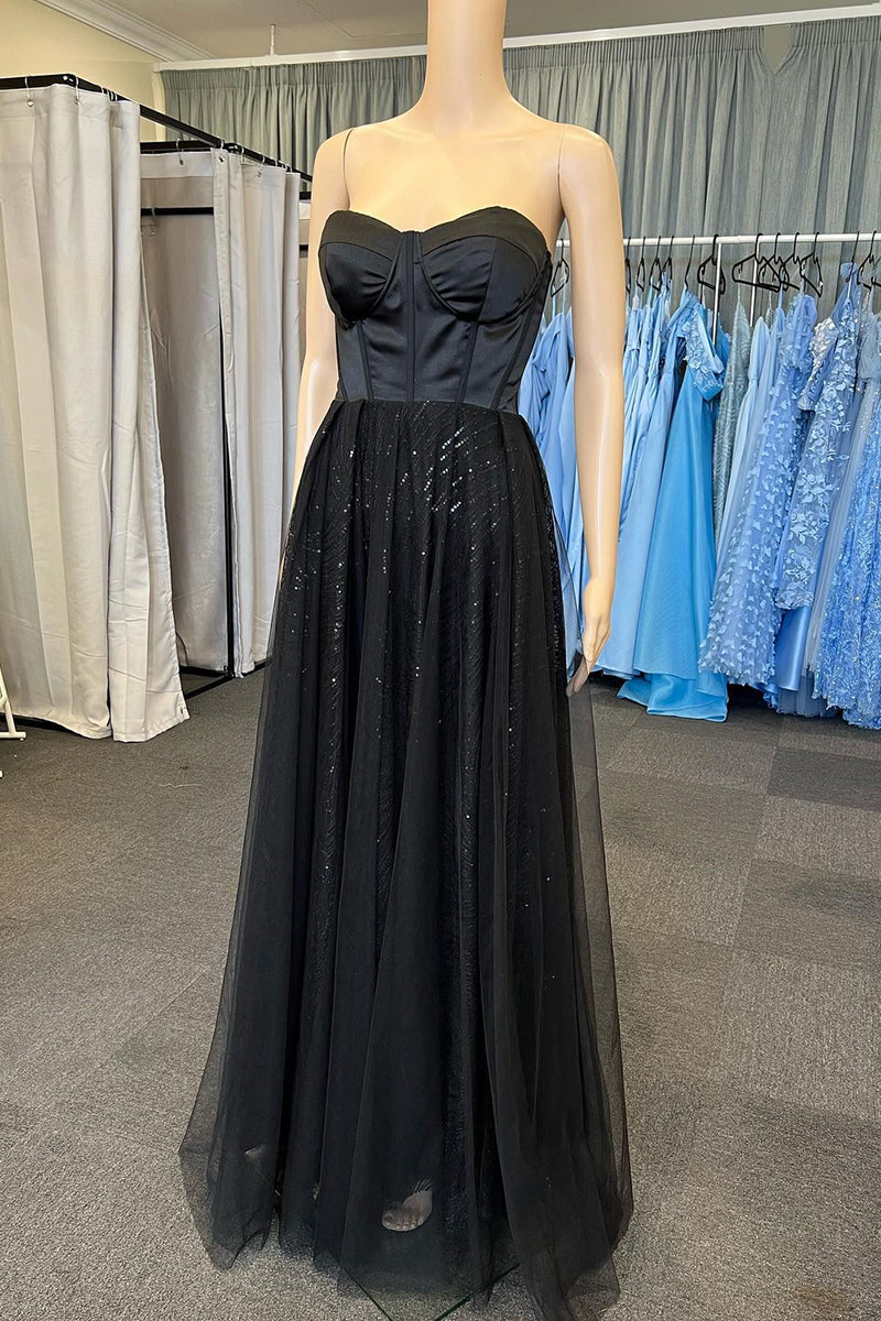 Load image into Gallery viewer, Black Strapless A Line Tulle Corset Prom Dress