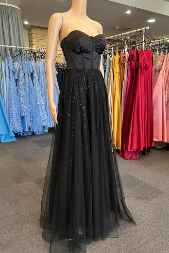 Black Strapless A Line Tulle Corset Prom Dress