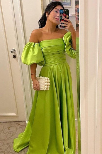 Green Detachable Sleeves Strapless Satin Prom Dress with Ruffles