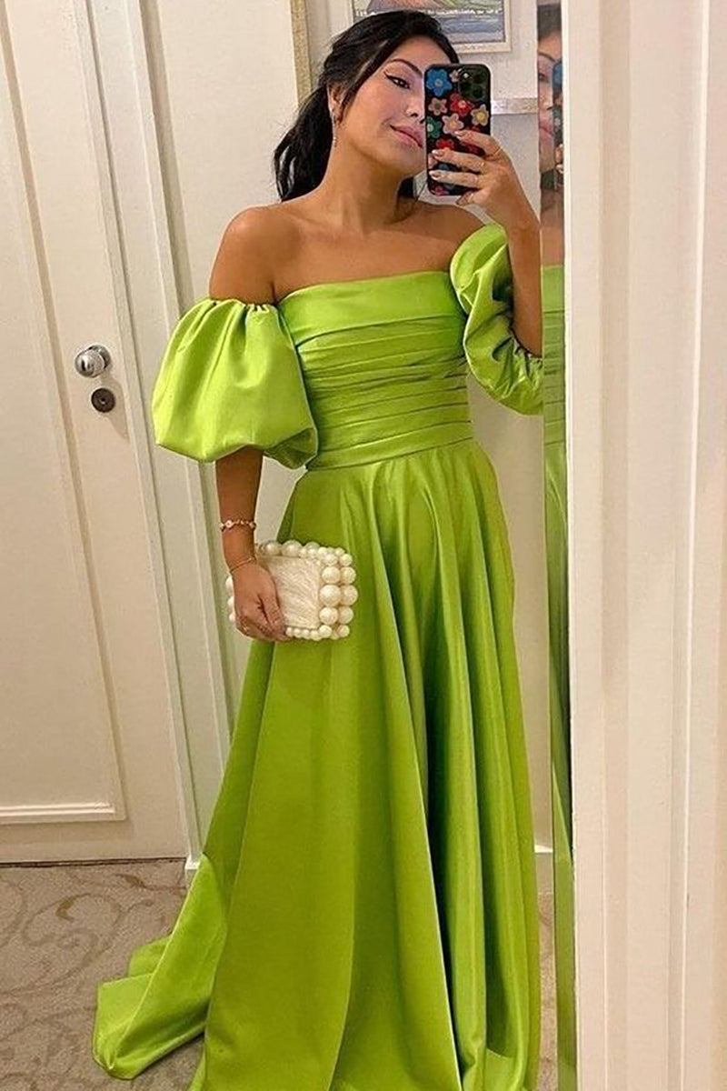 Load image into Gallery viewer, Green Detachable Sleeves Strapless Satin Prom Dress with Ruffles