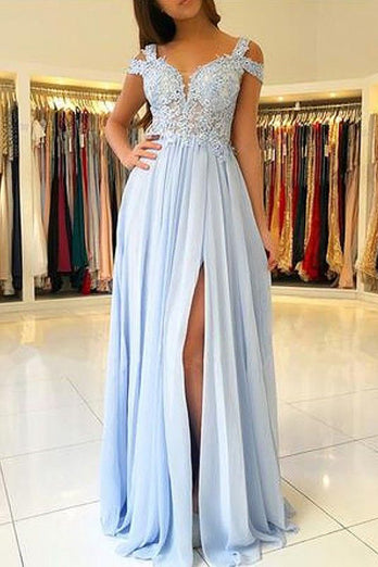 Light Blue Cold Shoulder Beading Prom Dress with Slit