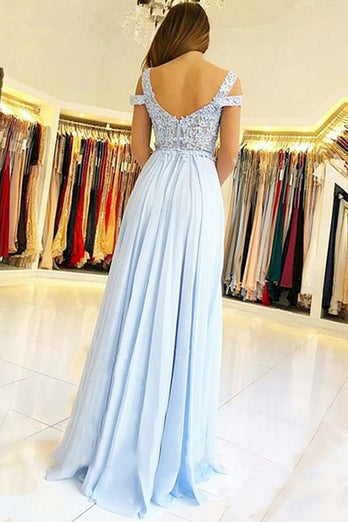 Light Blue Cold Shoulder Beading Prom Dress with Slit