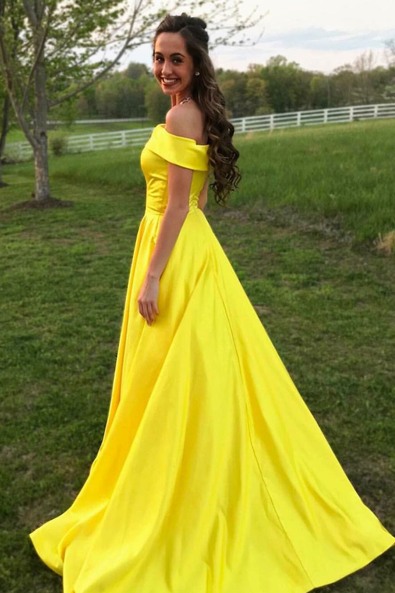 Load image into Gallery viewer, Yellow Satin A Line Princess Prom Dress with Pockets