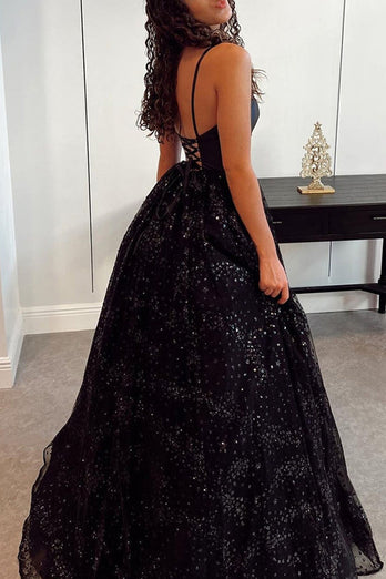 Black A Line Sparkly Princess Prom Dress with Lace-up Back