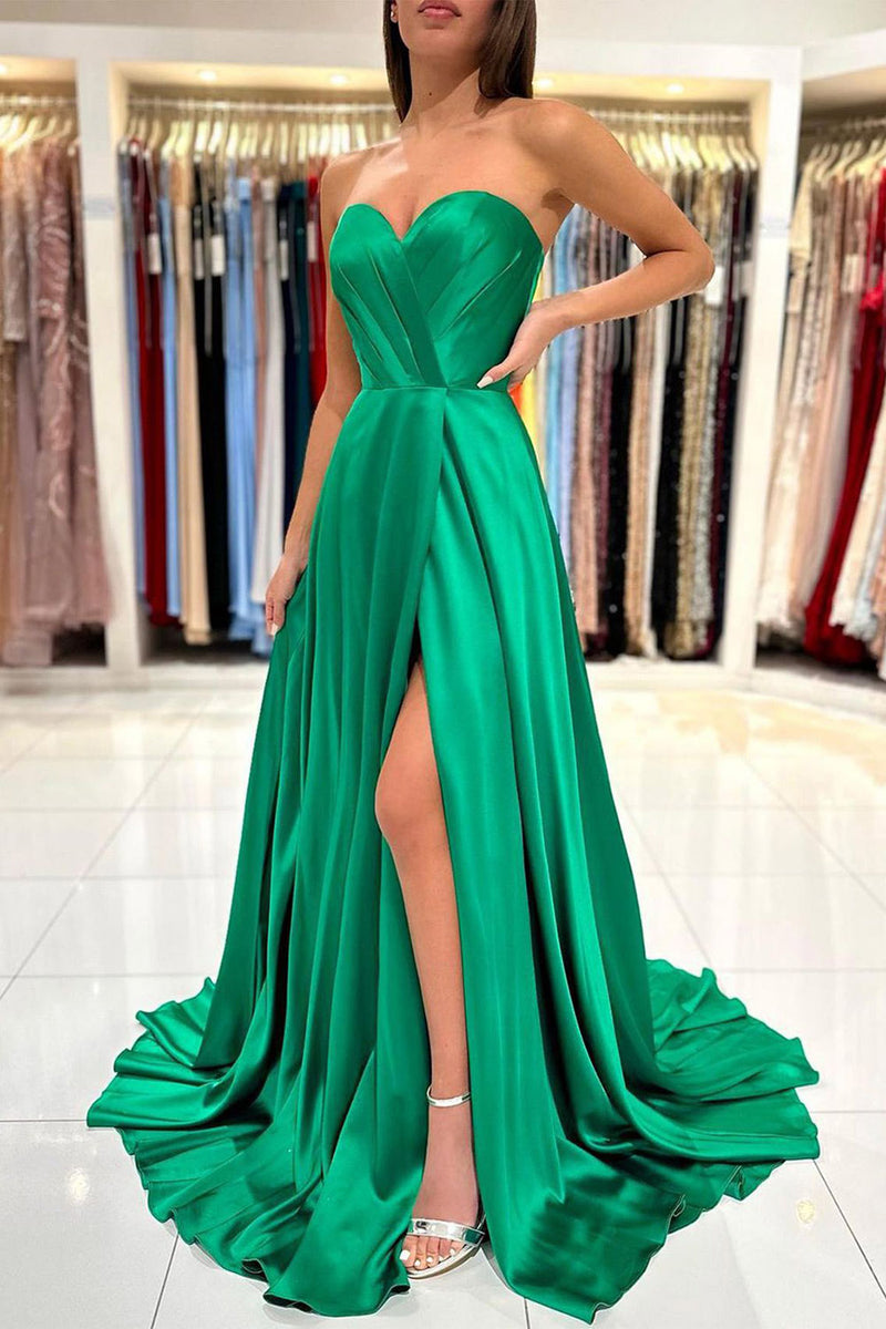 Hellymoon Women Satin A Line Strapless Green Prom Dress with Slit ...