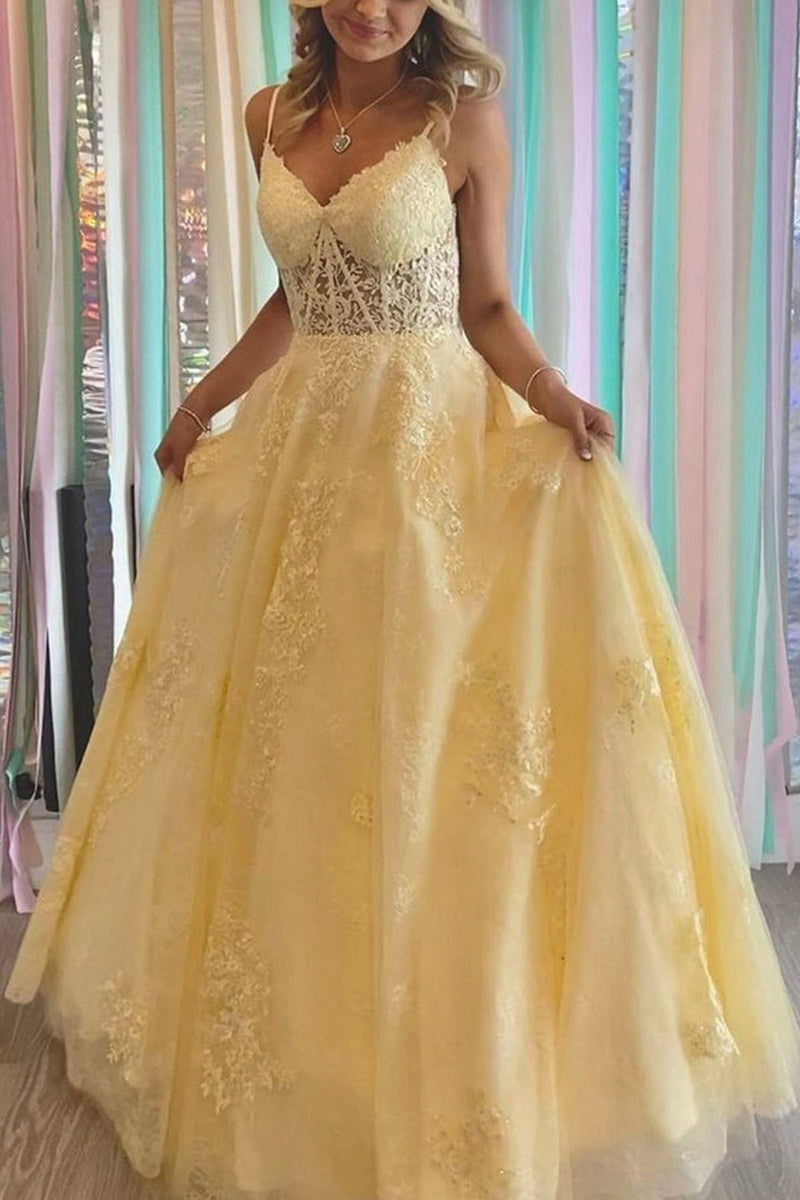 Load image into Gallery viewer, Yellow A Line Princess Corset Prom Dress with Appliques