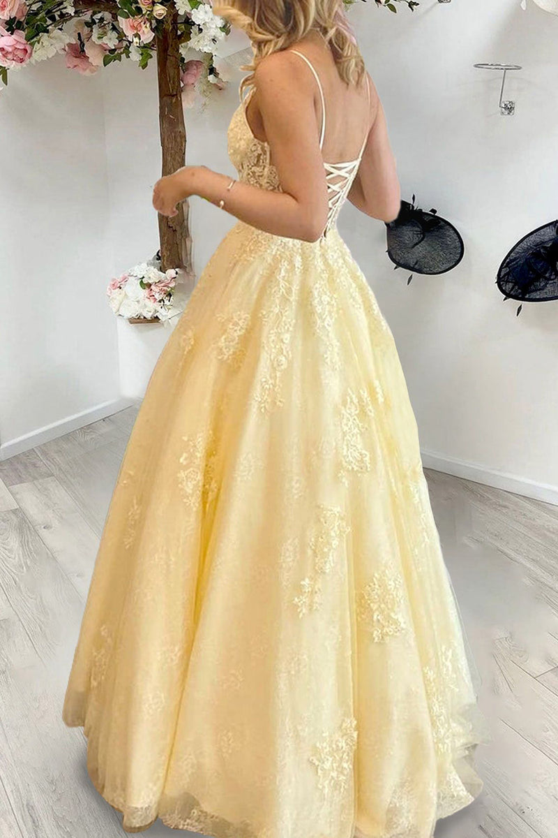 Load image into Gallery viewer, Yellow A Line Princess Corset Prom Dress with Appliques