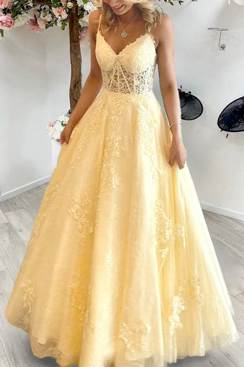 Yellow A Line Princess Corset Prom Dress with Appliques