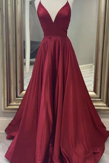 Burgundy A Line Satin Prom Dress with Lace-up Back