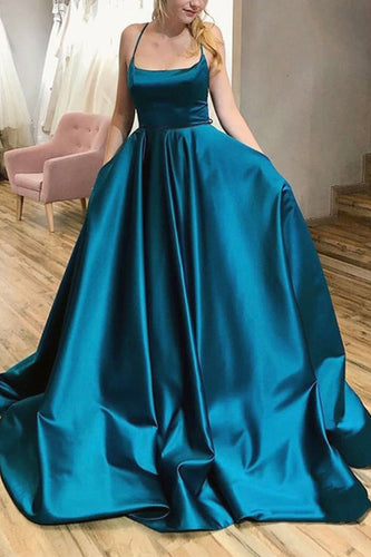 Spaghetti Straps Blue Satin Prom Dress with Pockets