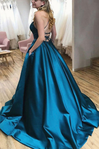 Spaghetti Straps Blue Satin Prom Dress with Pockets