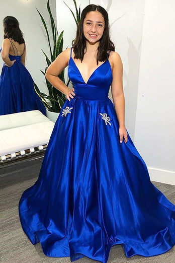 Spaghetti Straps Royal Blue Satin A Line Prom Dress with Bow Pockets