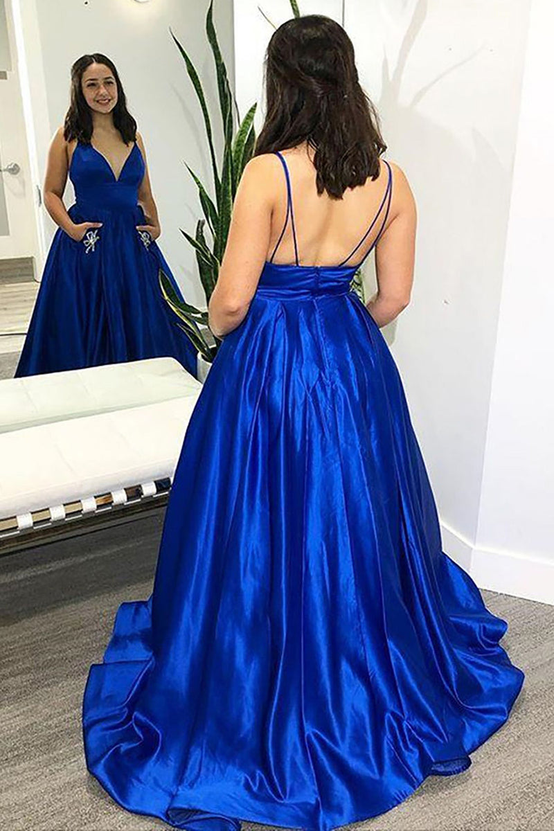 Load image into Gallery viewer, Spaghetti Straps Royal Blue Satin A Line Prom Dress with Bow Pockets