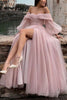 Load image into Gallery viewer, Off The Shoulder Pink Tulle Sparkly Prom Dress with Slit