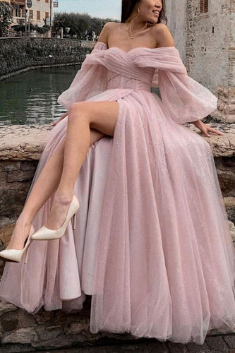 Off The Shoulder Pink Tulle Sparkly Prom Dress with Slit