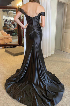 Off The Shoulder Black Satin Corset Prom Dress with Slit