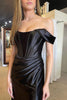 Load image into Gallery viewer, Off The Shoulder Black Satin Corset Prom Dress with Slit