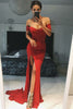 Load image into Gallery viewer, Red Off The Shoulder Satin Mermaid Prom Dress with Slit