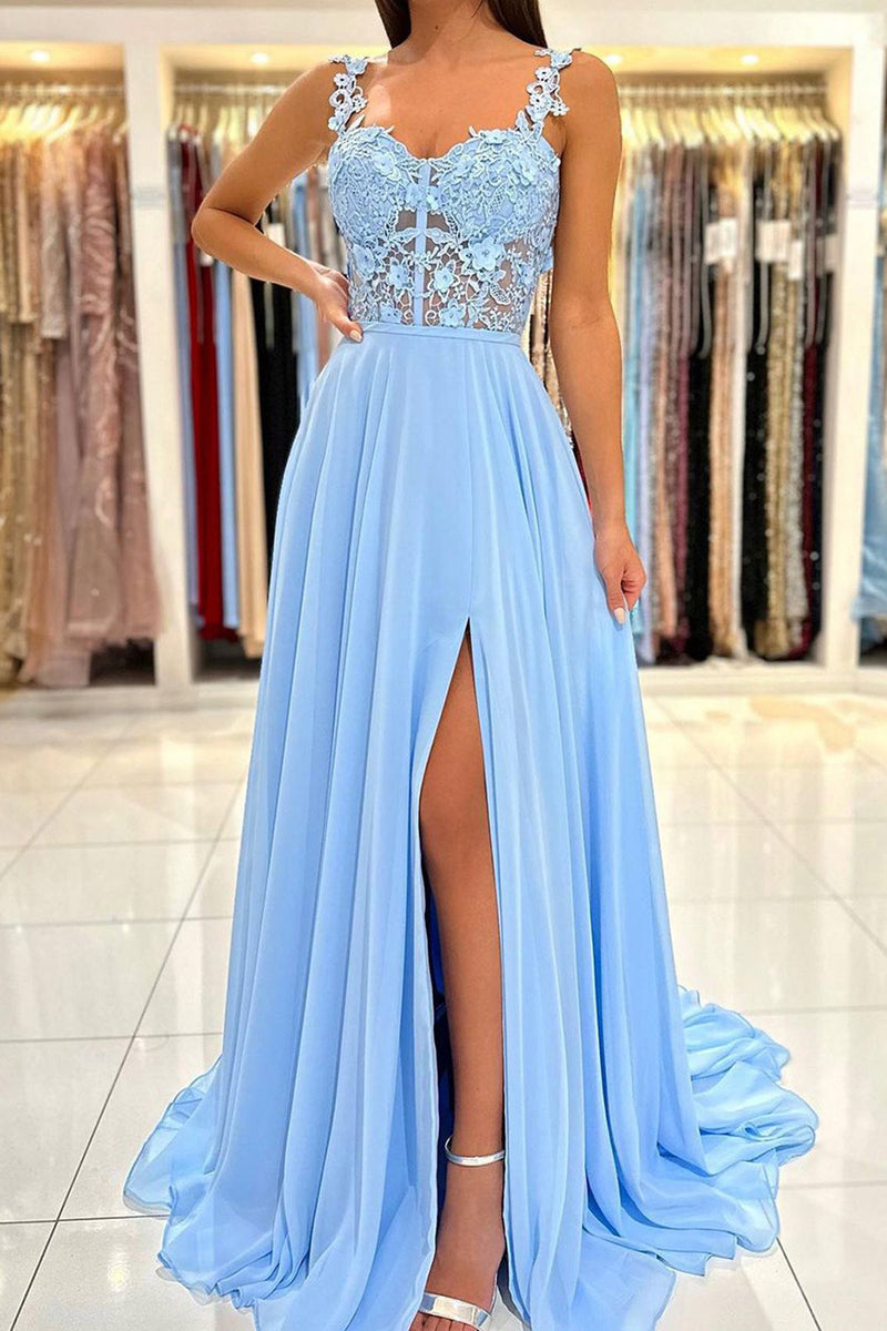 Load image into Gallery viewer, Blue Chiffon A Line Prom Dress with Appliques