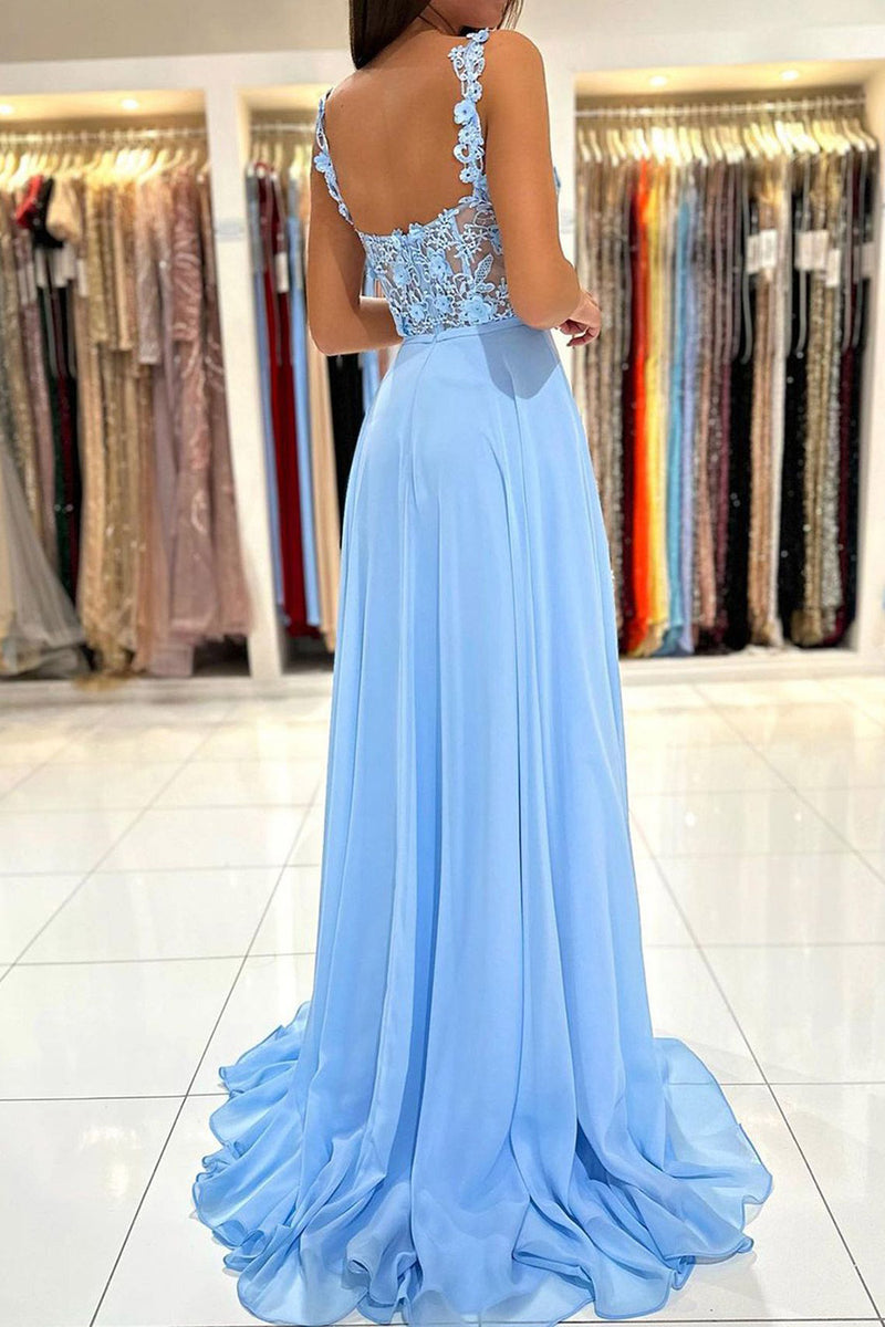 Load image into Gallery viewer, Blue Chiffon A Line Prom Dress with Appliques