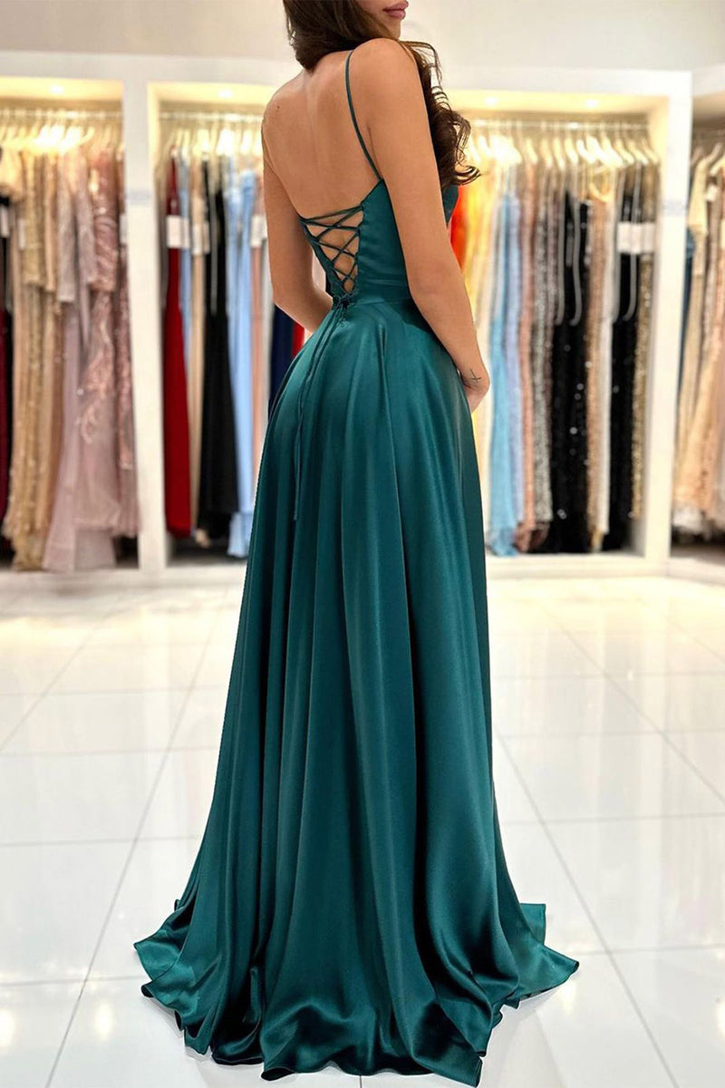 Load image into Gallery viewer, Spaghetti Straps Dark Green Satin Prom Dress with Lace-up Back