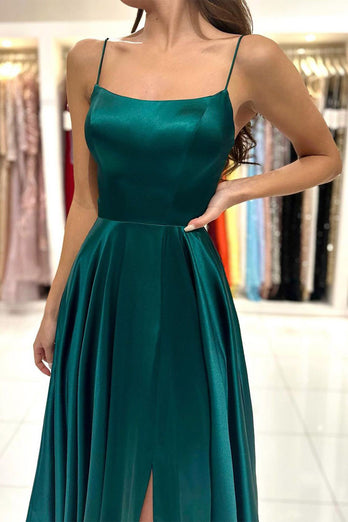 Spaghetti Straps Dark Green Satin Prom Dress with Lace-up Back