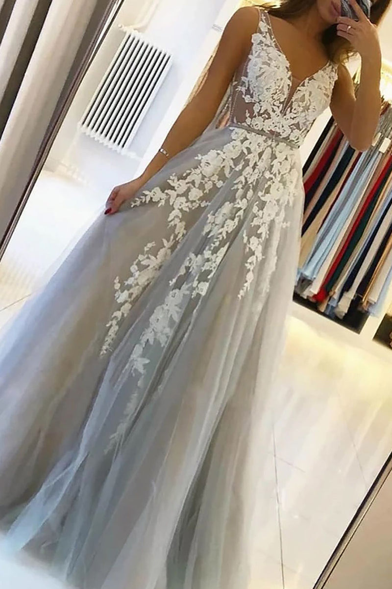 Load image into Gallery viewer, Grey Tulle Backless A Line Prom Dress